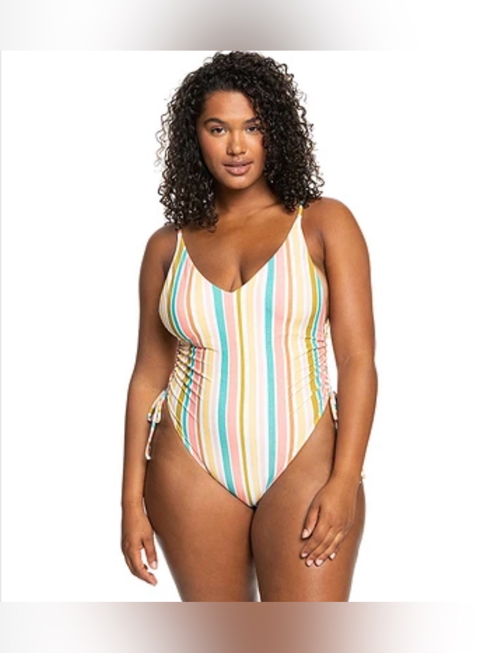 ROXY Bright White Aloha Stripe V-Neck One Piece Swimsuit
